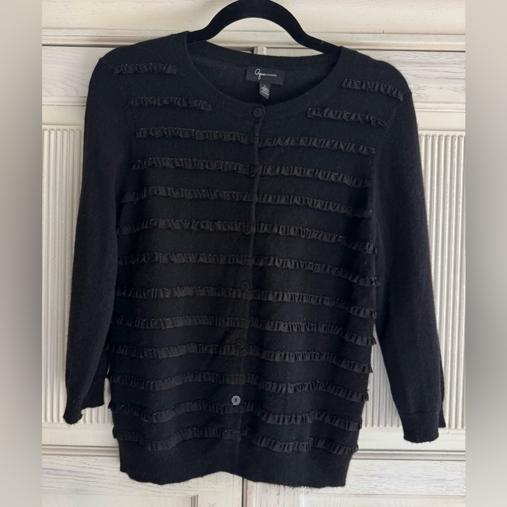 Aqua, Bloomingdales Black Cashmere Ruffle Cardigan, Large